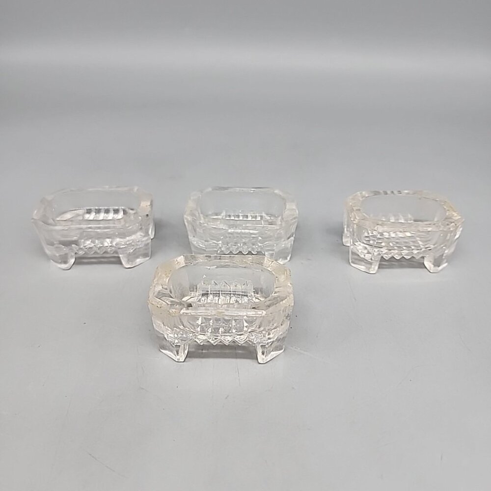 VINTAGE SET OF 4 CLEAR GLASS RECTANGULAR FOOTED SALT CELLARS, Waffle, 2 Inch